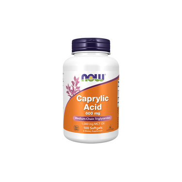 A white bottle of Now Foods Caprylic Acid 600 mg, 100 Softgels, with an orange label. This supplement provides caprylic acid for antifungal support and promotes medium chain triglyceride benefits.